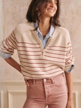 Sézane Léontine Jumper Ecru Coral Striped Henley Sweater XL